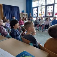 Eine Gruppe von Kindern sitzt in einem Klassenraum und schaut aufmerksam in eine Richtung. Die Atmosphäre wirkt konzentriert und interessiert. Die Wände sind mit bunten Bildern und Dekorationen geschmückt, während einige Kinder an Tischen sitzen und andere auf Stühlen stehen.